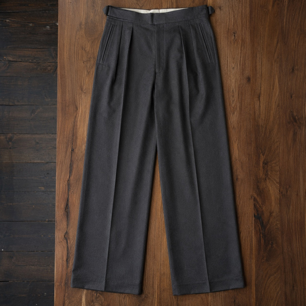 Dartmoor wide-leg tailored trousers — Tailored Trousers by CROWN TAILORING. flat lay, front.
