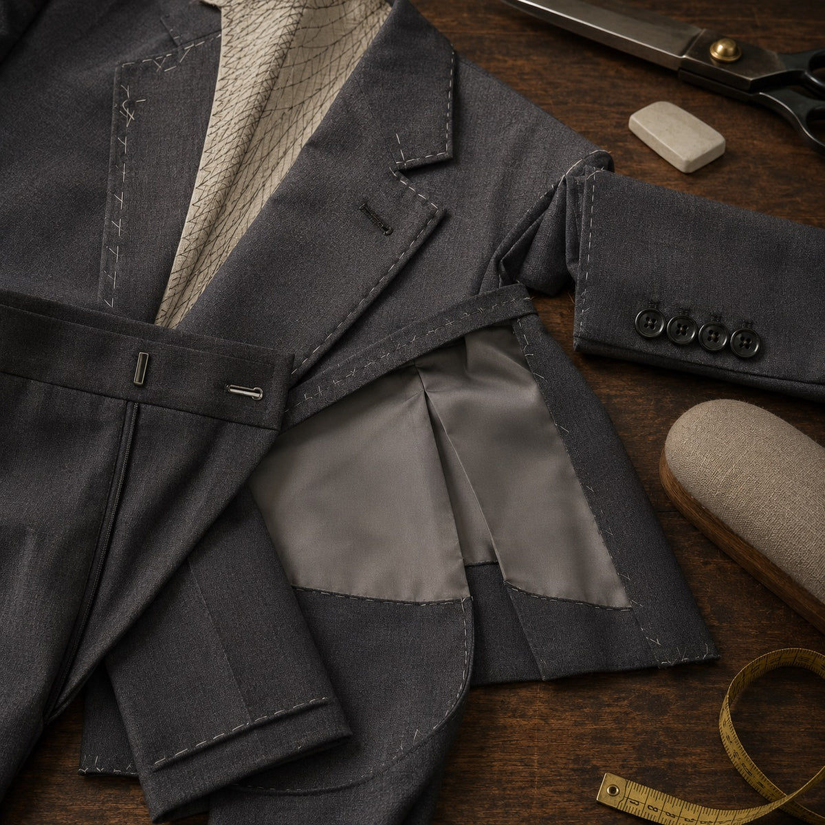 Pimlico cigarette-leg tailored trousers — Tailored Trousers by CROWN TAILORING. close detail of the fabric and finish.