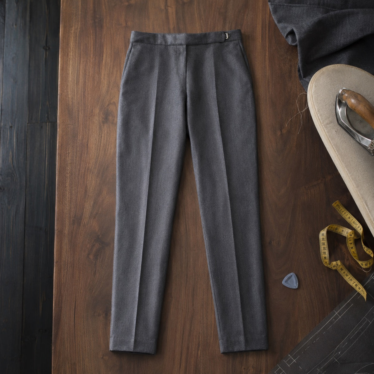 Pimlico cigarette-leg tailored trousers — Tailored Trousers by CROWN TAILORING. flat lay, front.