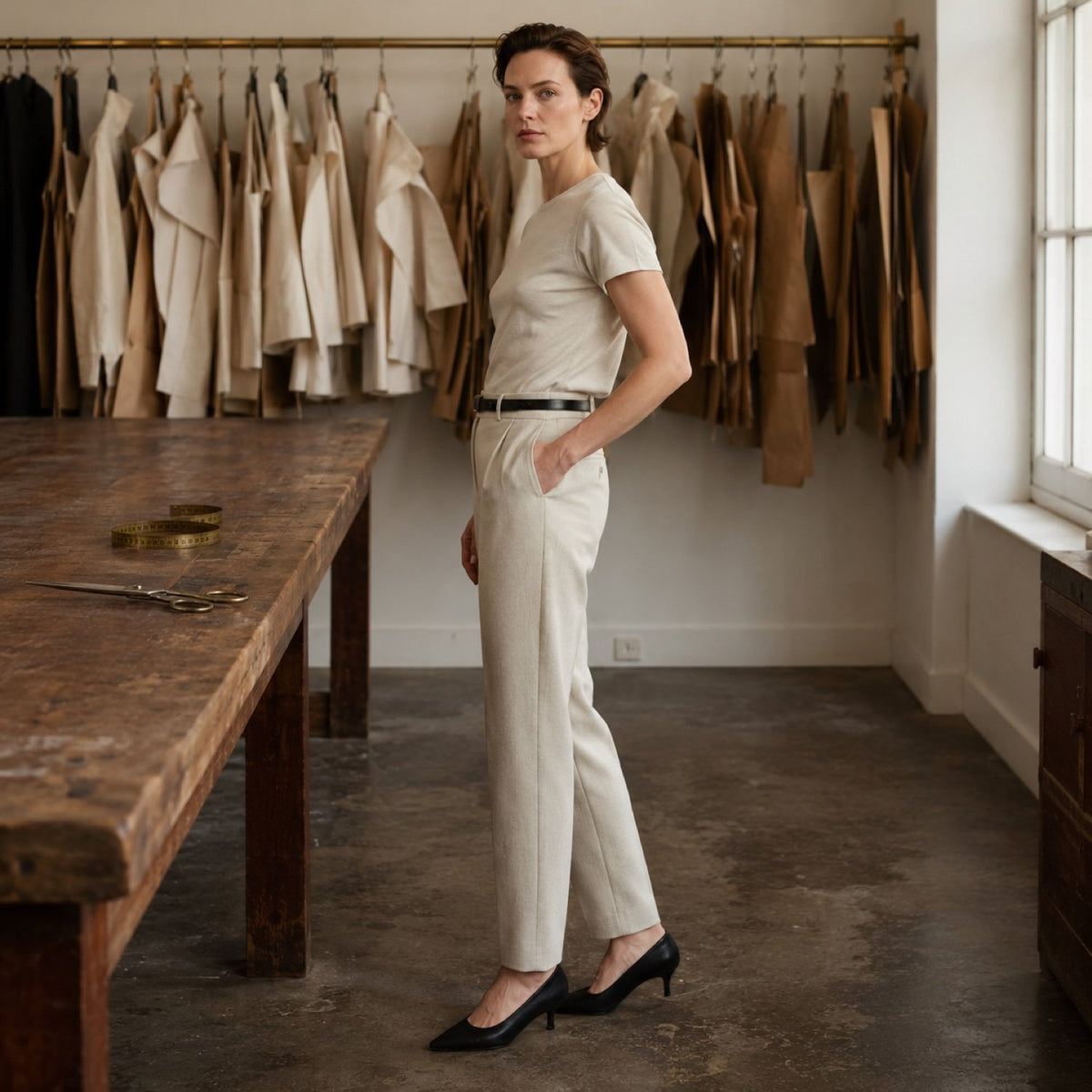 Pimlico cigarette-leg tailored trousers — Tailored Trousers by CROWN TAILORING. shown on the model from the side.