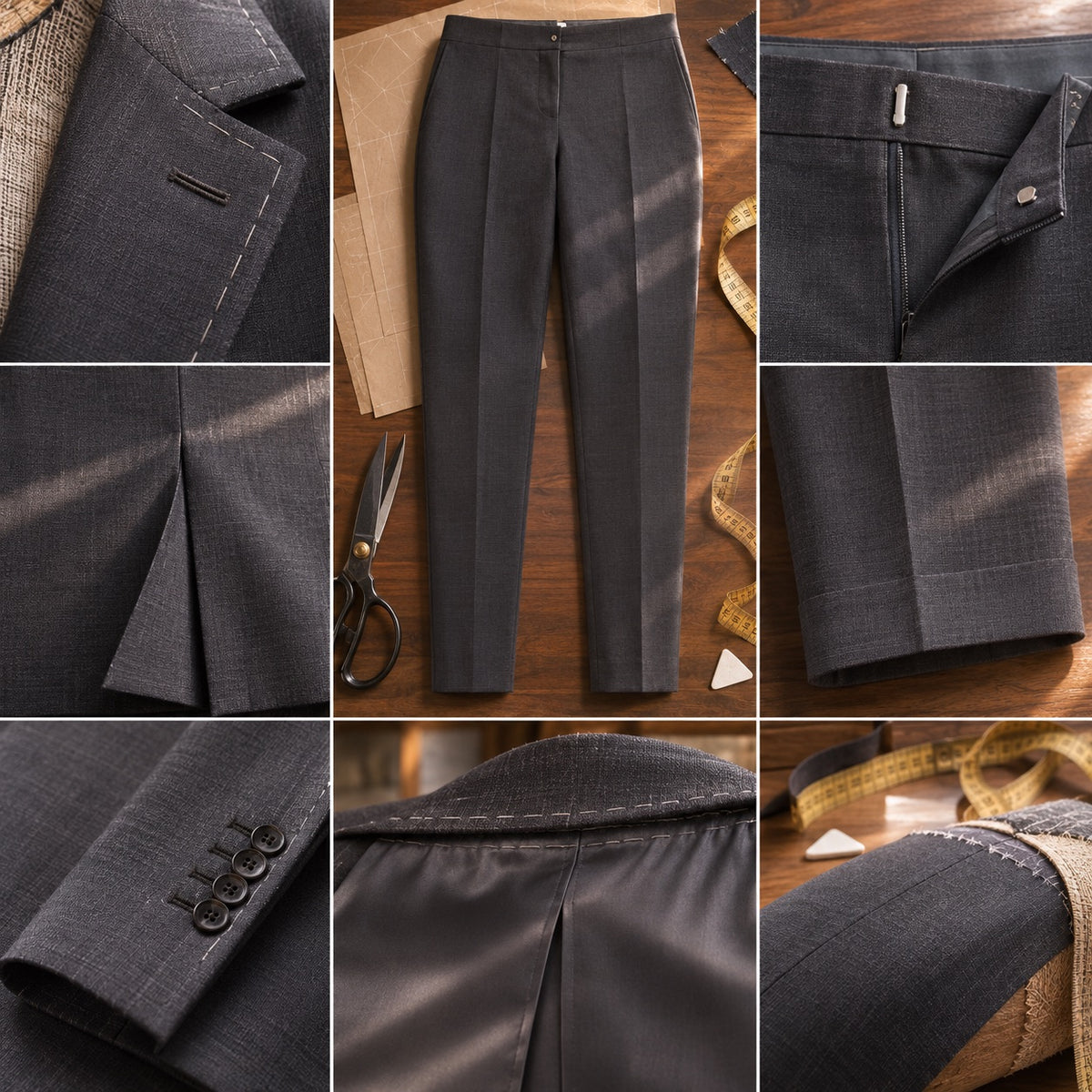 Ashdown cigarette-leg tailored trousers — Tailored Trousers by CROWN TAILORING. close detail of the fabric and finish.