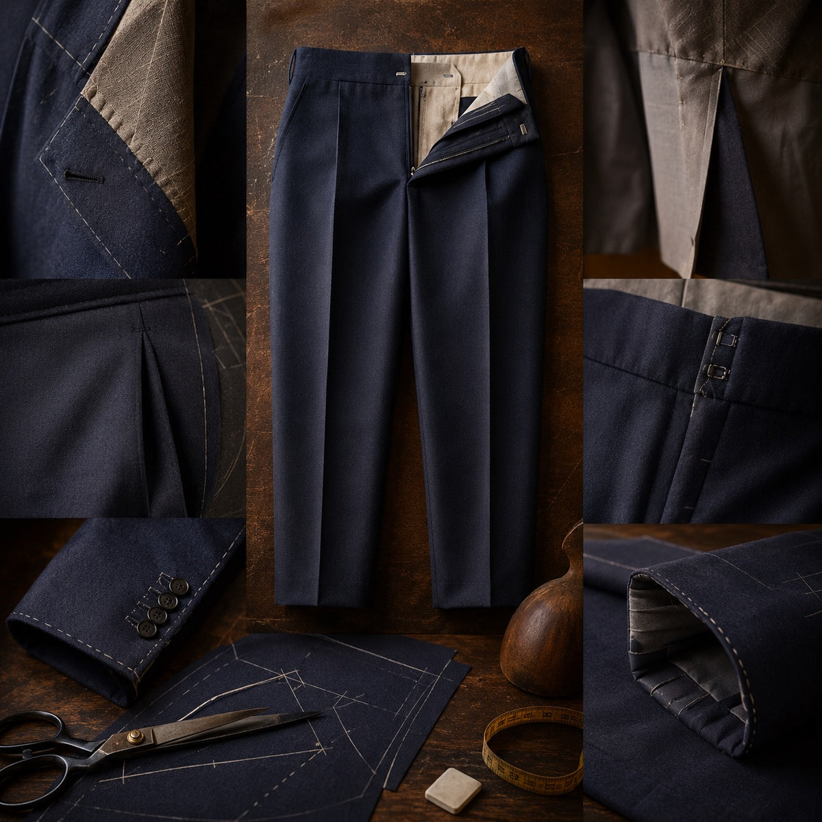 Clerkenwell cigarette-leg tailored trousers — Tailored Trousers by CROWN TAILORING. close detail of the fabric and finish.