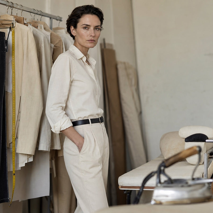 Clerkenwell cigarette-leg tailored trousers — Tailored Trousers by CROWN TAILORING. shown worn.