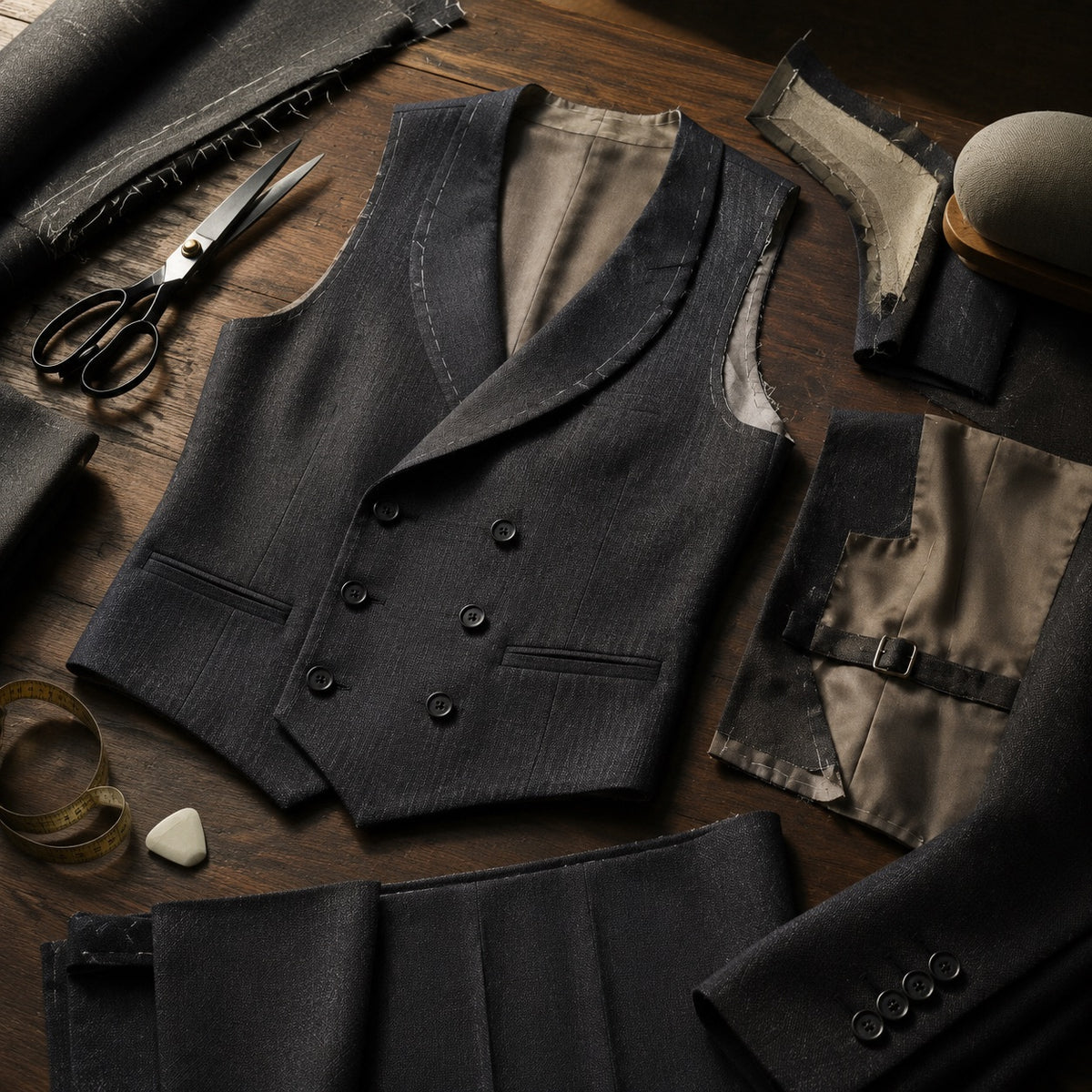 Marylebone double-breasted waistcoat — Waistcoats by CROWN TAILORING. close detail of the fabric and finish.