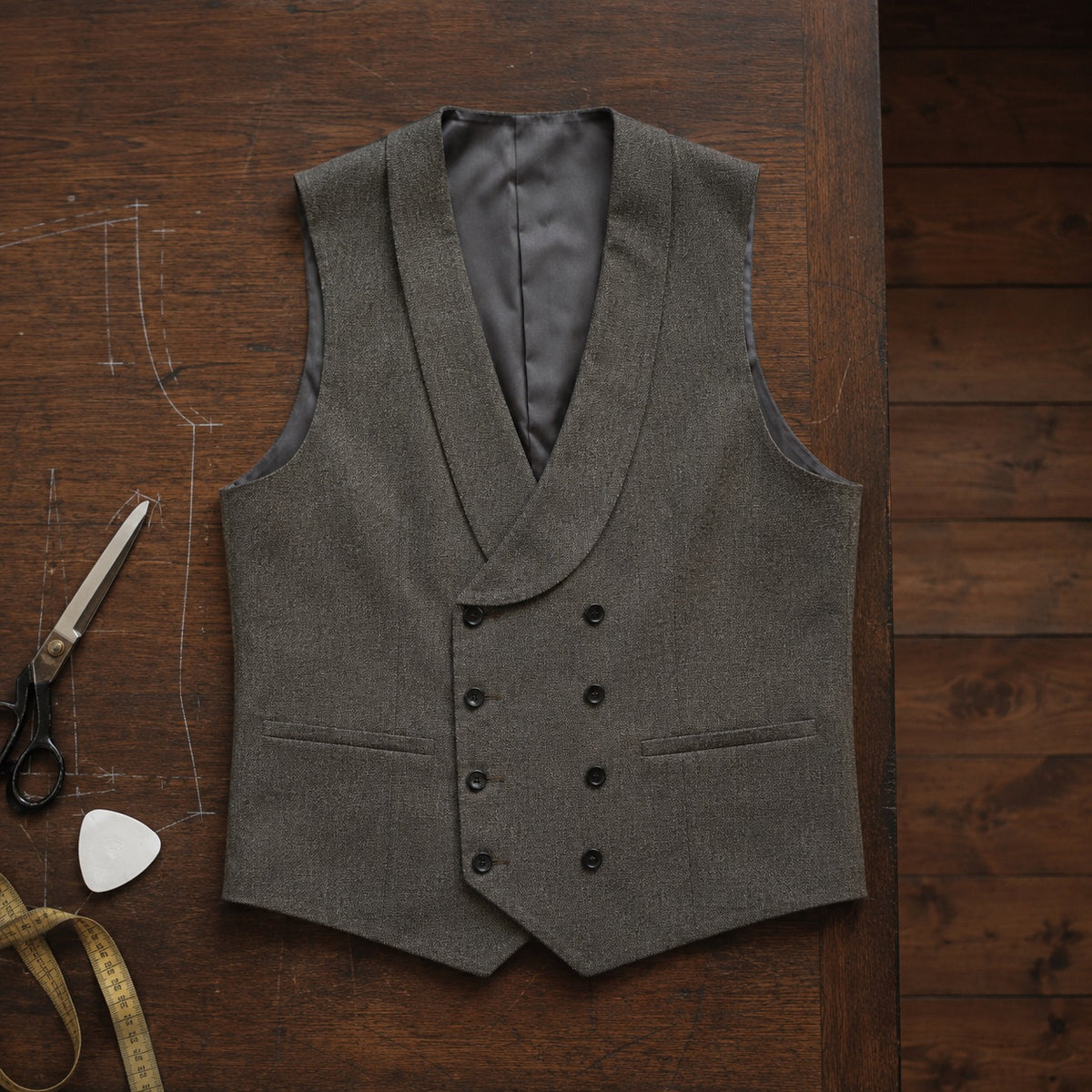 Marylebone double-breasted waistcoat — Waistcoats by CROWN TAILORING. flat lay, front.