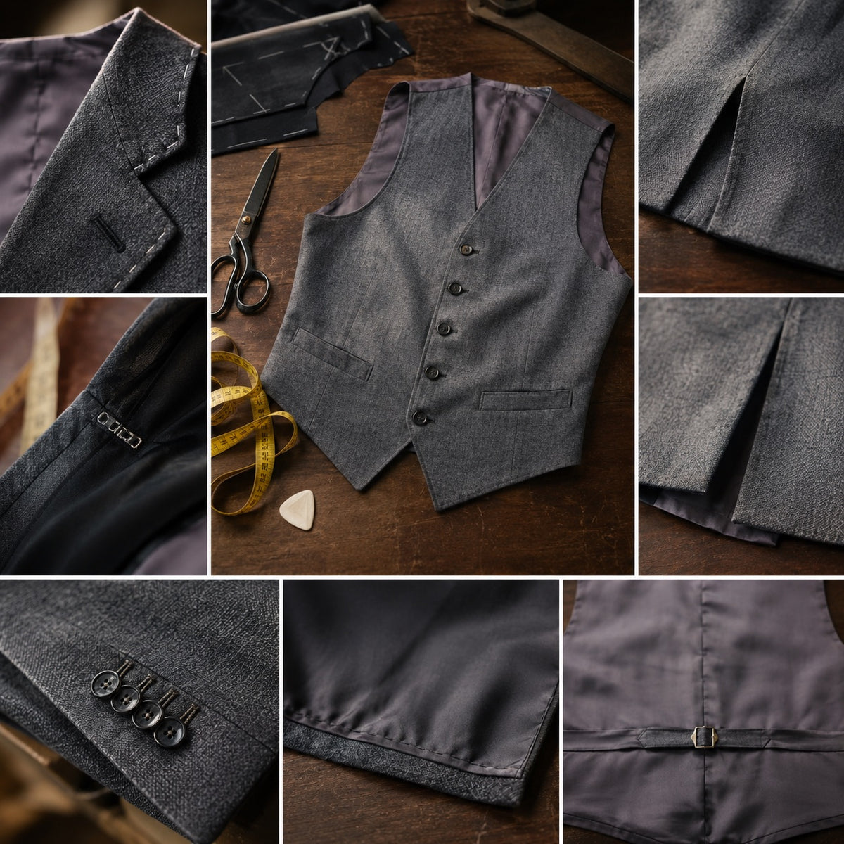 Fitzrovia single-breasted waistcoat — Waistcoats by CROWN TAILORING. close detail of the fabric and finish.