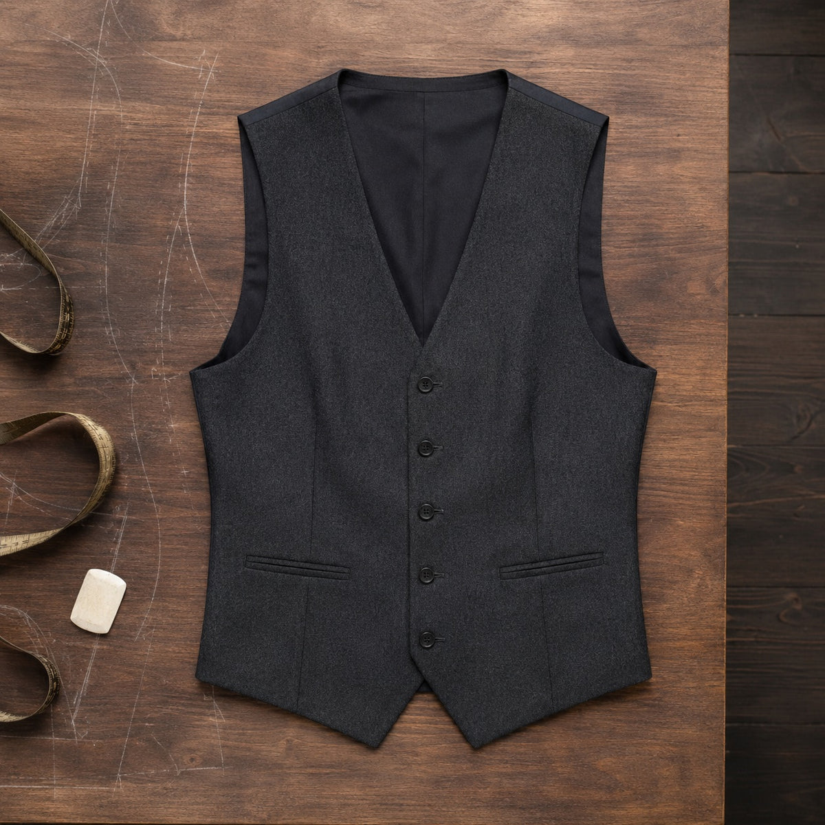 Fitzrovia single-breasted waistcoat — Waistcoats by CROWN TAILORING. flat lay, front.
