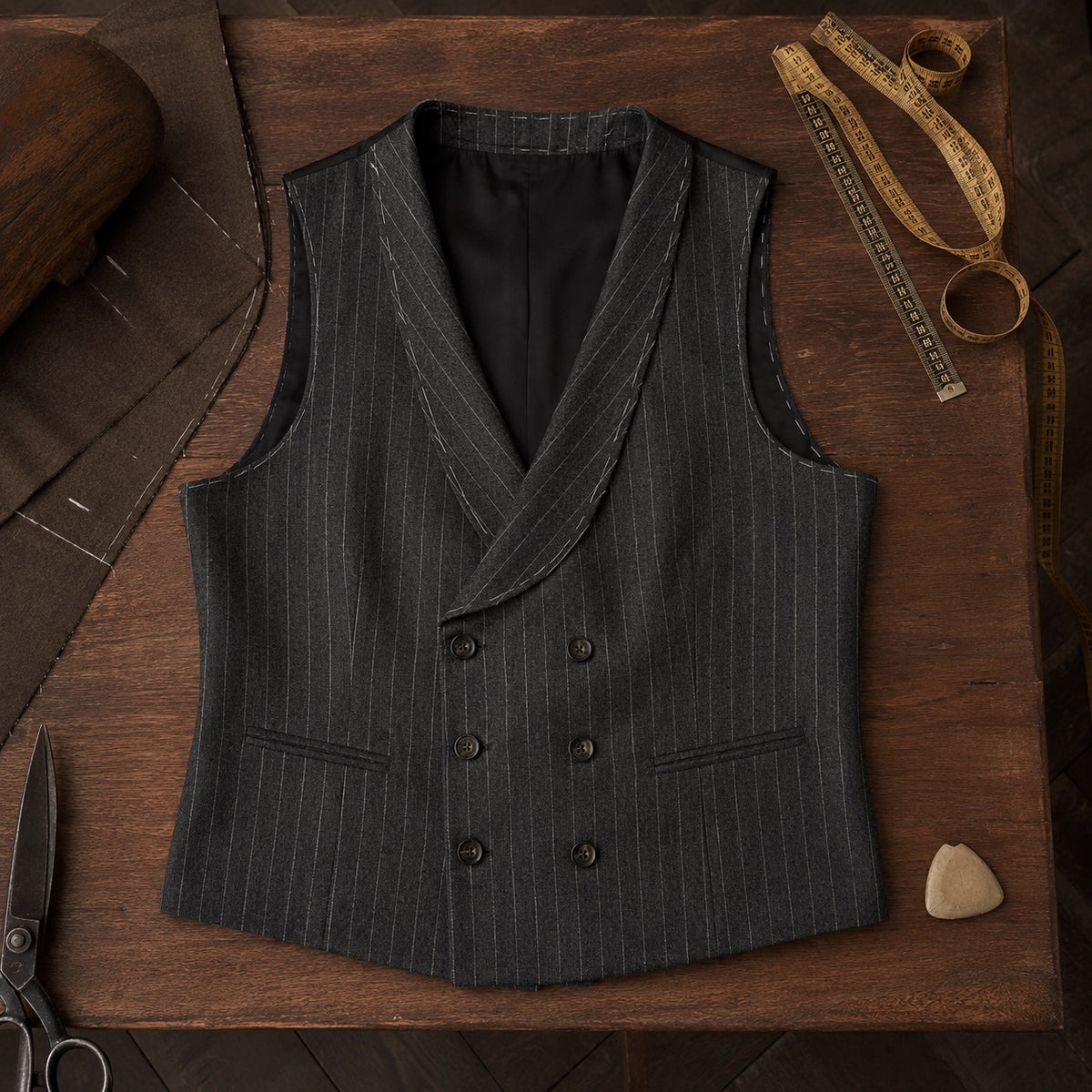 Severn double-breasted waistcoat — Waistcoats by CROWN TAILORING. flat lay, front.