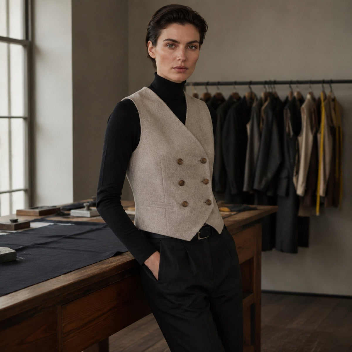 Severn double-breasted waistcoat — Waistcoats by CROWN TAILORING. shown worn.