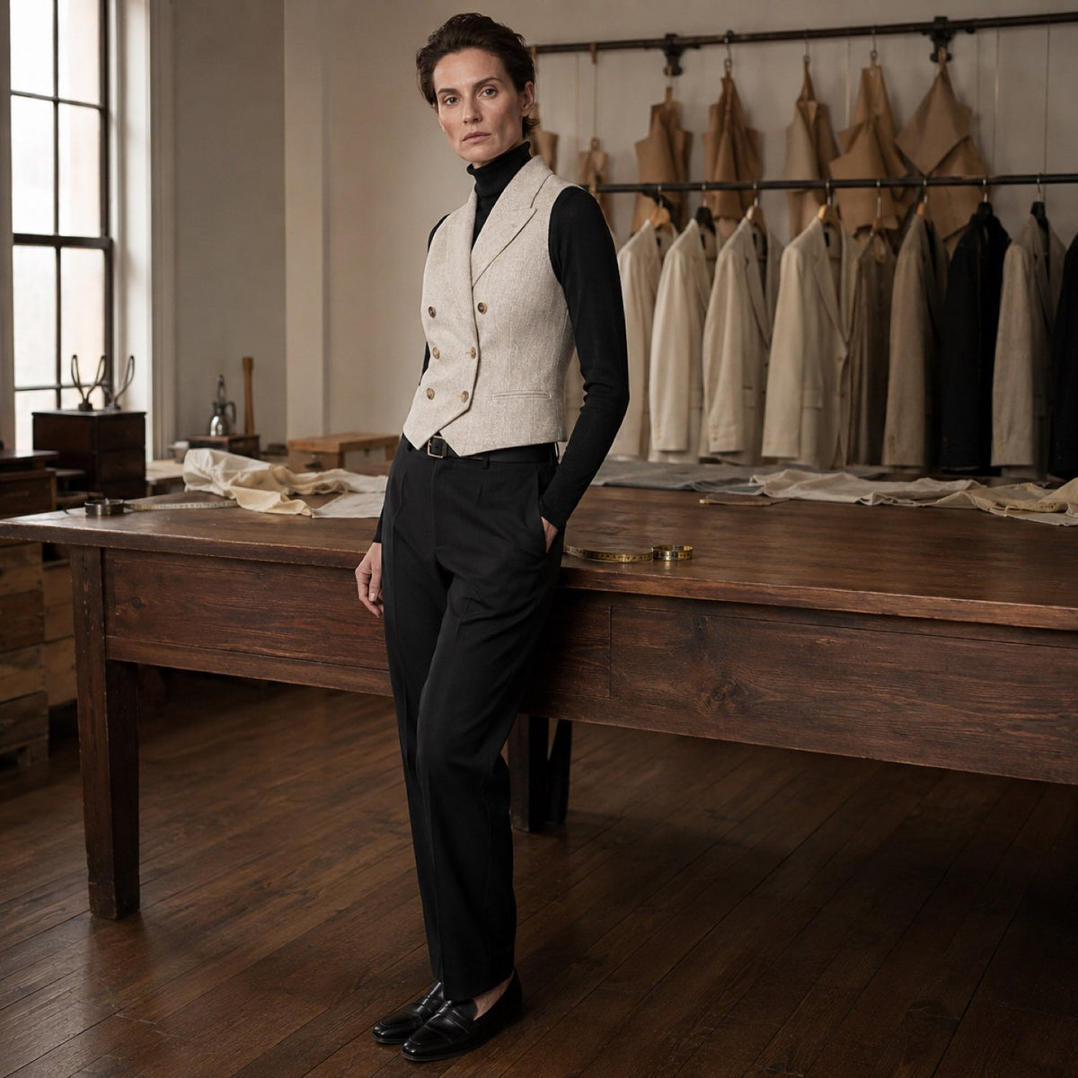 Severn double-breasted waistcoat — Waistcoats by CROWN TAILORING. shown on the model from the side.