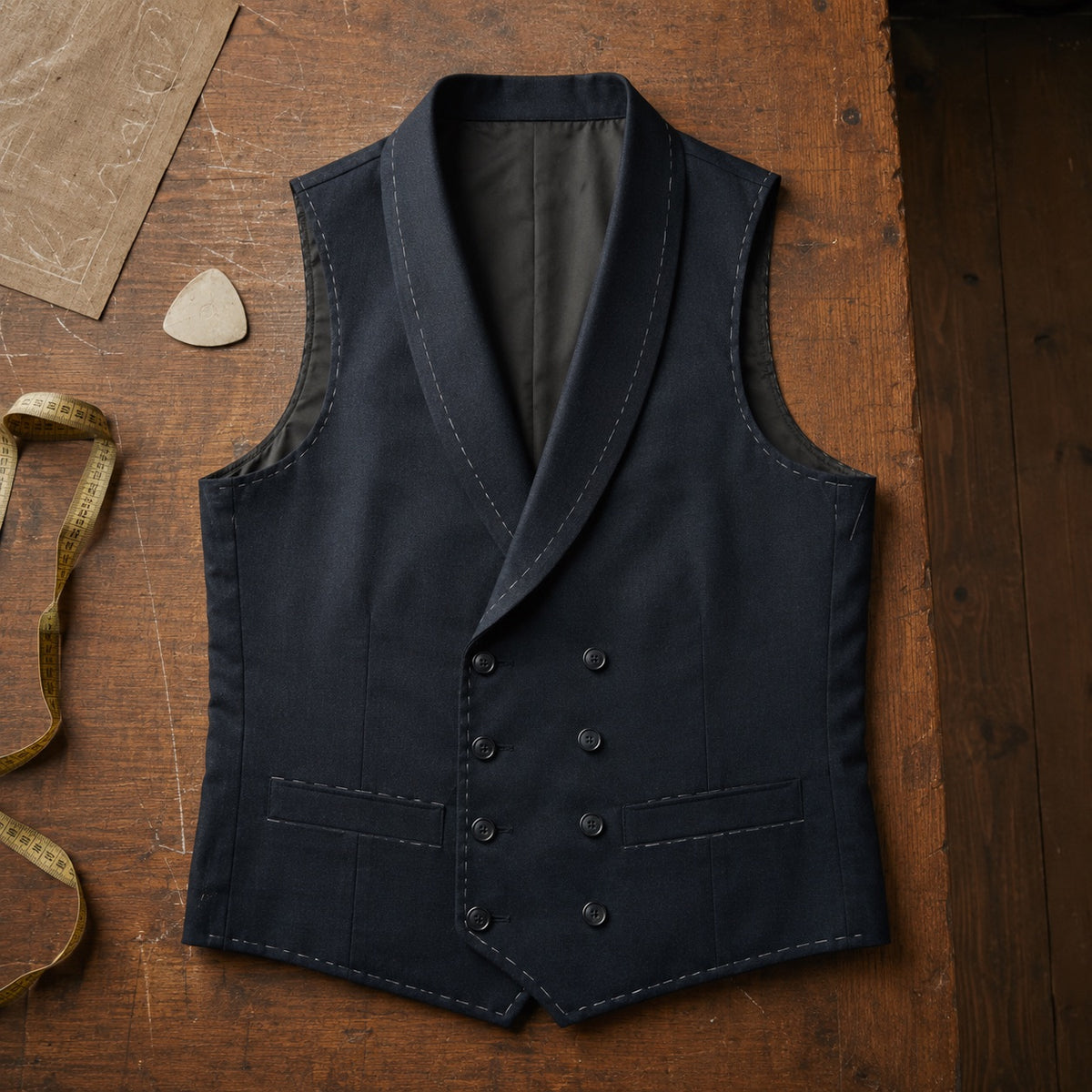 Sloe double-breasted waistcoat — Waistcoats by CROWN TAILORING. flat lay, front.