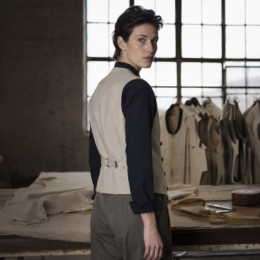 Sloe double-breasted waistcoat — Waistcoats by CROWN TAILORING. shown worn.