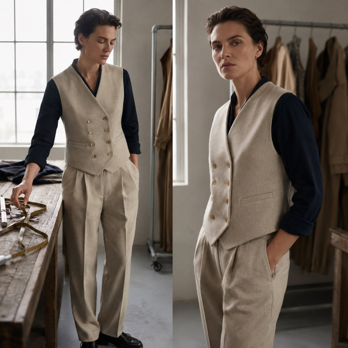 Sloe double-breasted waistcoat — Waistcoats by CROWN TAILORING. shown on the model from the side.