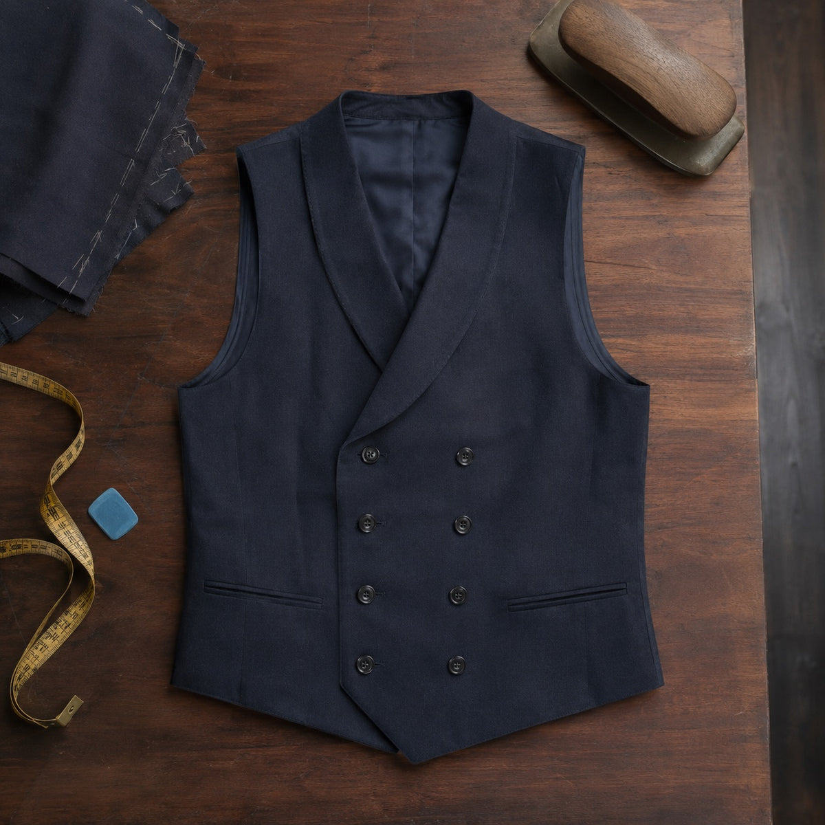 Dartmoor double-breasted waistcoat — Waistcoats by CROWN TAILORING. flat lay, front.