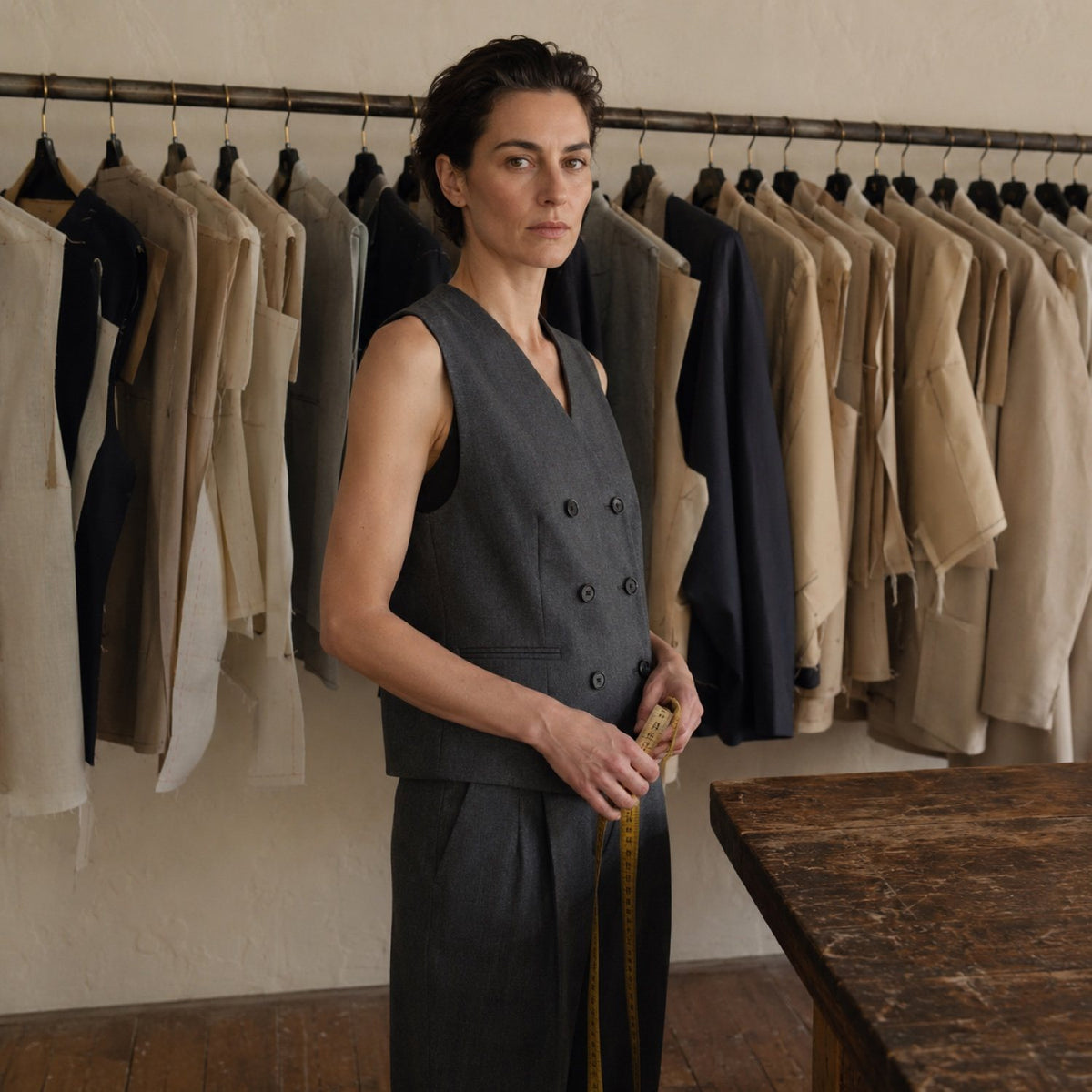 Dartmoor double-breasted waistcoat — Waistcoats by CROWN TAILORING. shown on the model from the side.