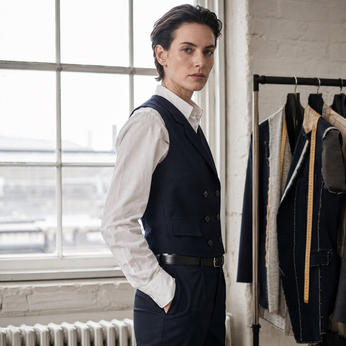 Holborn double-breasted waistcoat — Waistcoats by CROWN TAILORING. shown on the model from the side.