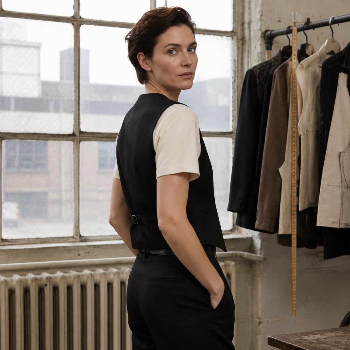 Bloomsbury single-breasted waistcoat — Waistcoats by CROWN TAILORING. shown on the model from the side.